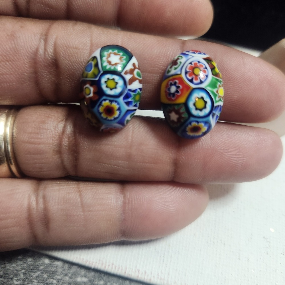 Vintage Millefiori Murano‎ Glass clip Earrings Oval Multi Color Floral Mosaic